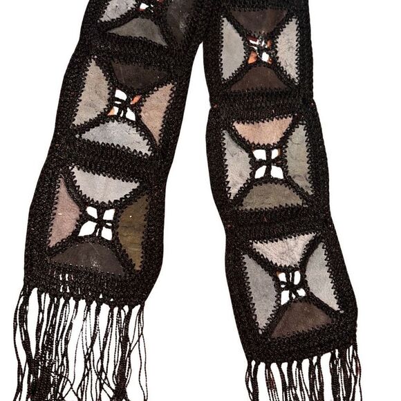 Vintage 1970s Sash Belt Leather Macrame Crochet Scarf - Picture 10 of 14